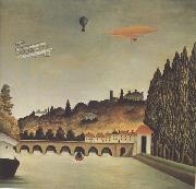Henri Rousseau View of the Bridge at Sevres and Saint-Cloud with Airplane,Balloon,and Dirigible oil painting on canvas